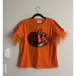 Anthropologie Judith‎ March Small Halloween Shirt Pumpkin Sequin Orange